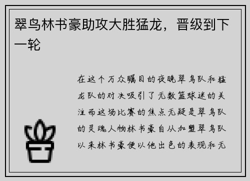 翠鸟林书豪助攻大胜猛龙，晋级到下一轮
